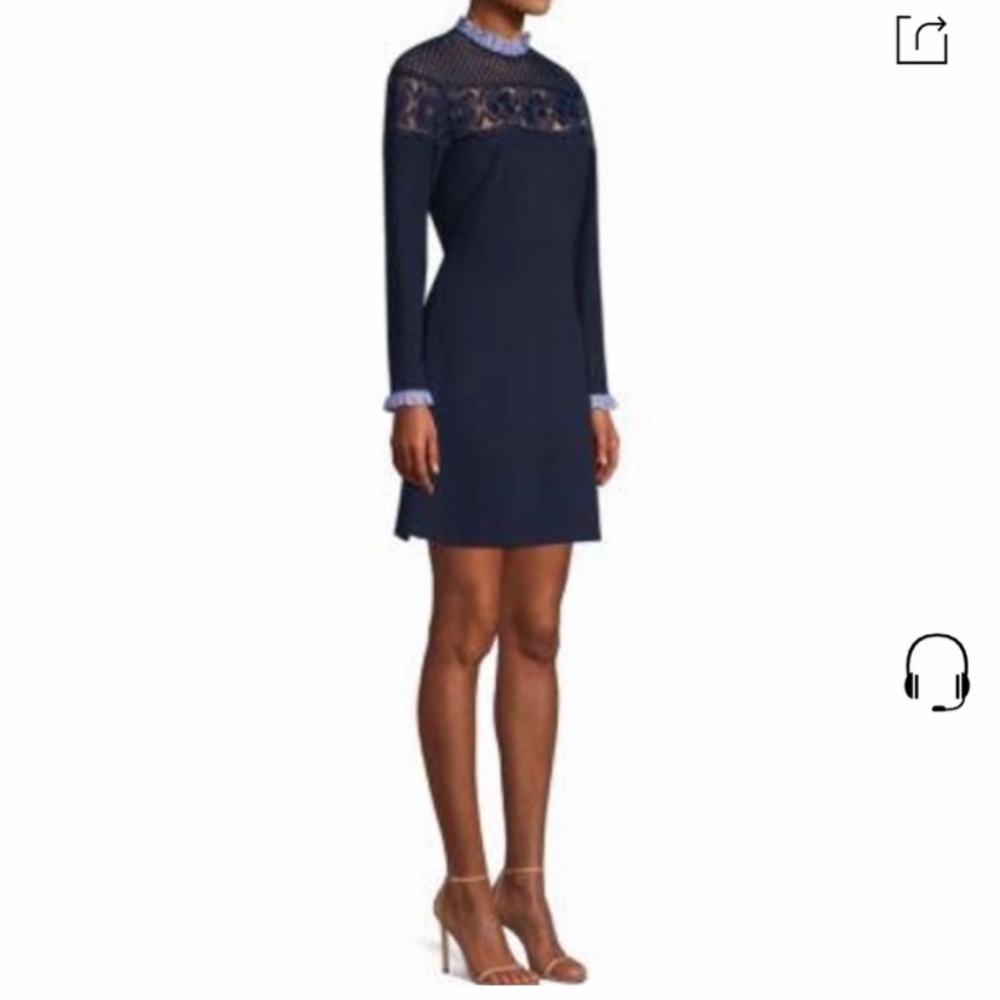Sandro Paris Iris Lace Ruffle Mixed Media Mini Dress long sleeve Dark Blue EU 36